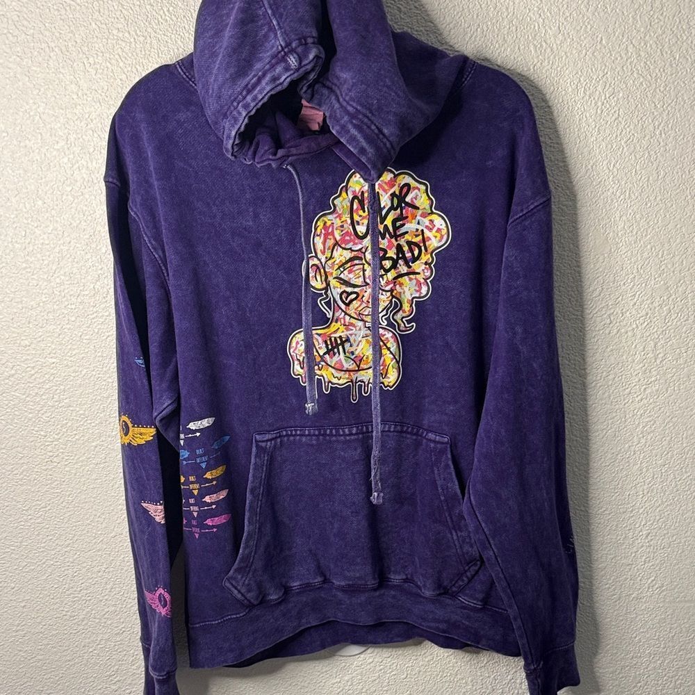 Cinco “color me bad”Graphic Hoodie Purple Acid Wash Oversized Streetwear -Medium